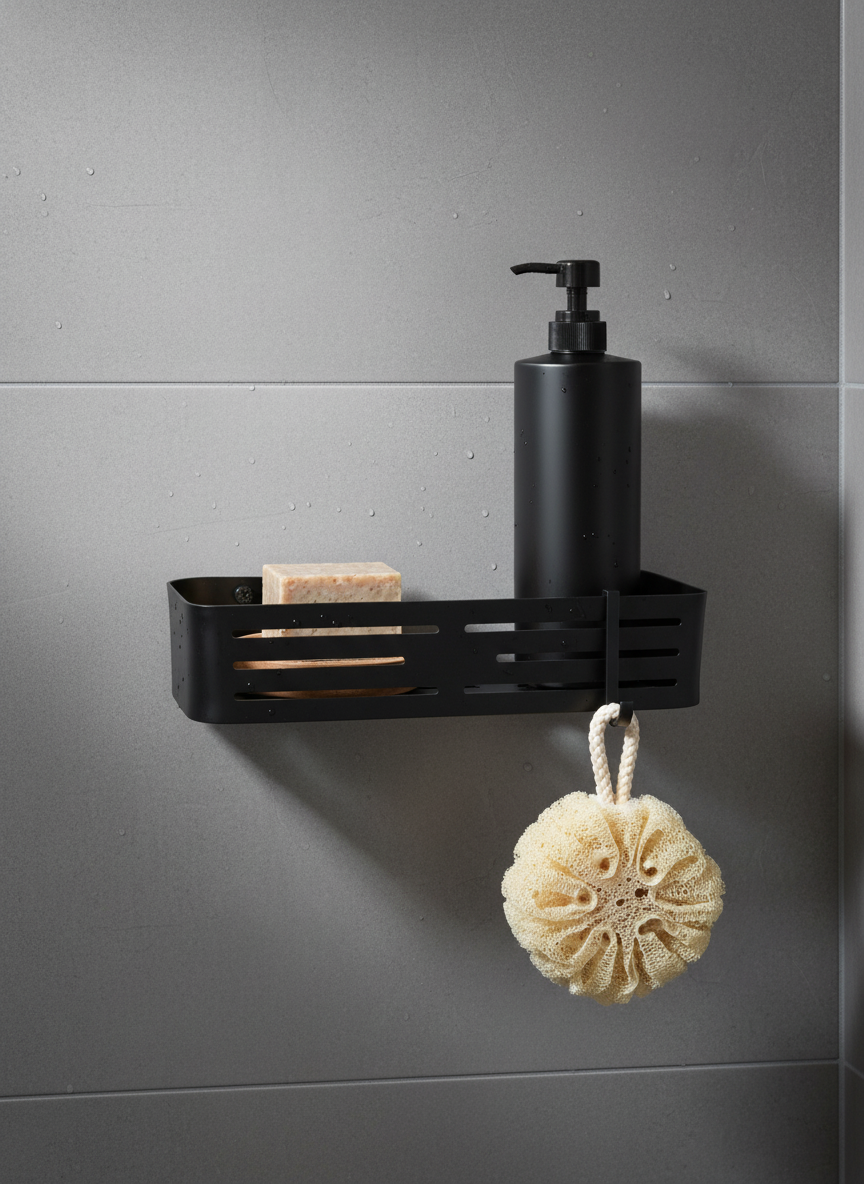 Black Straight Shelf with Hooks - Self Adhesive