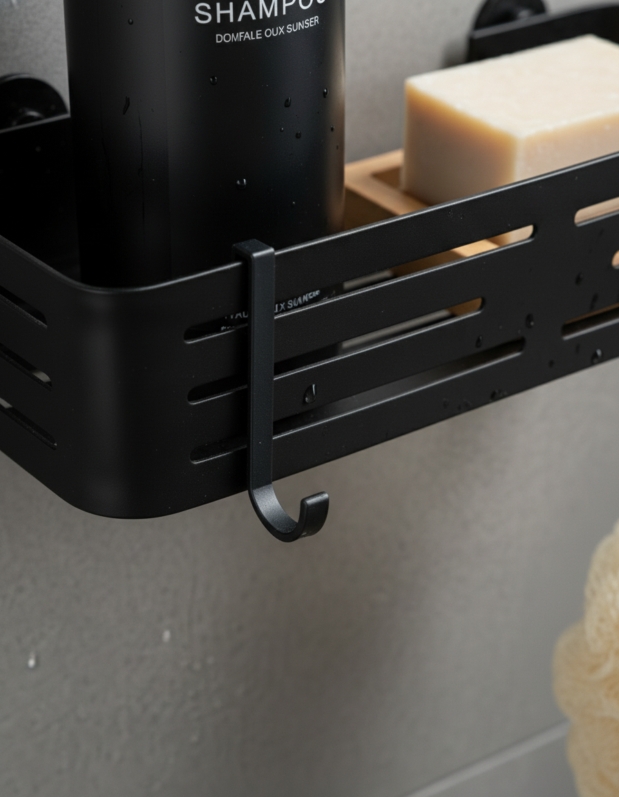 Black Straight Shelf with Hooks - Self Adhesive