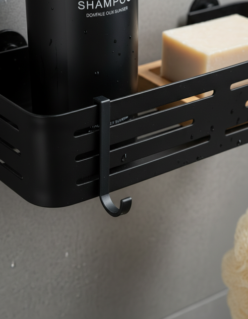 Black Straight Shelf with Hooks - Self Adhesive