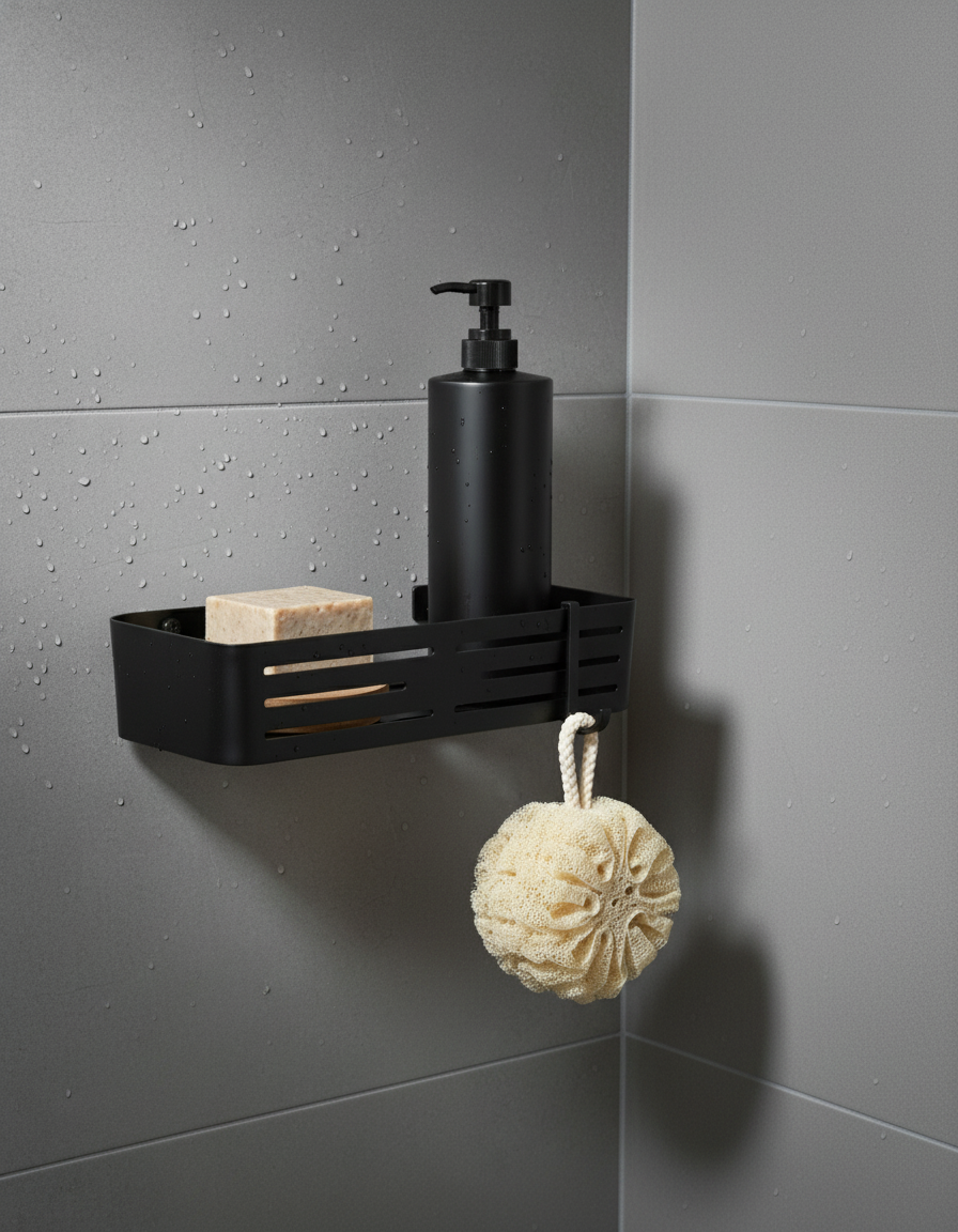 Black Straight Shelf with Hooks - Self Adhesive
