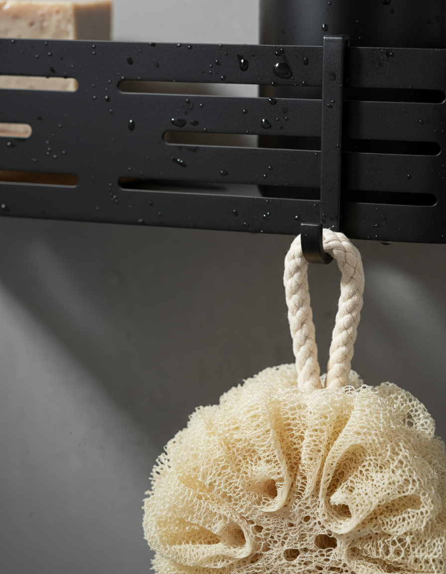 Black Straight Shelf with Hooks - Self Adhesive