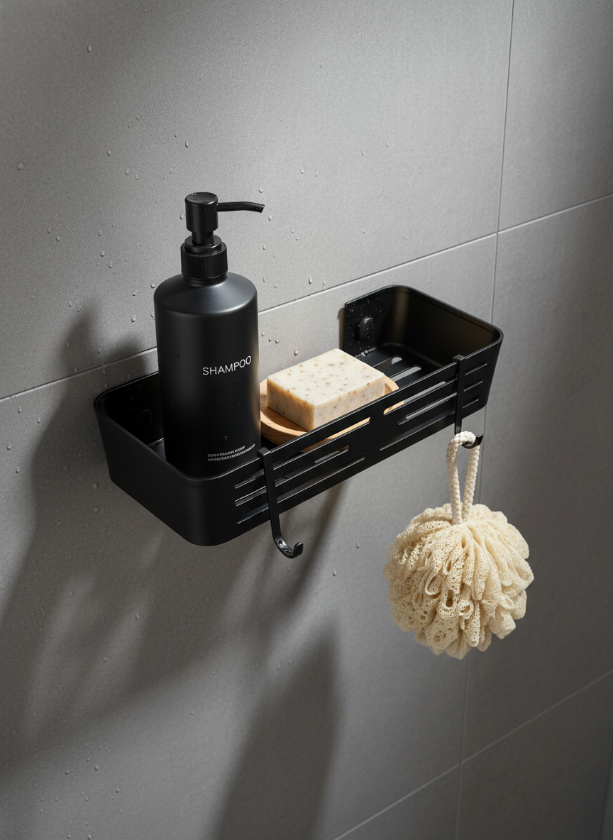 Black Straight Shelf with Hooks - Self Adhesive