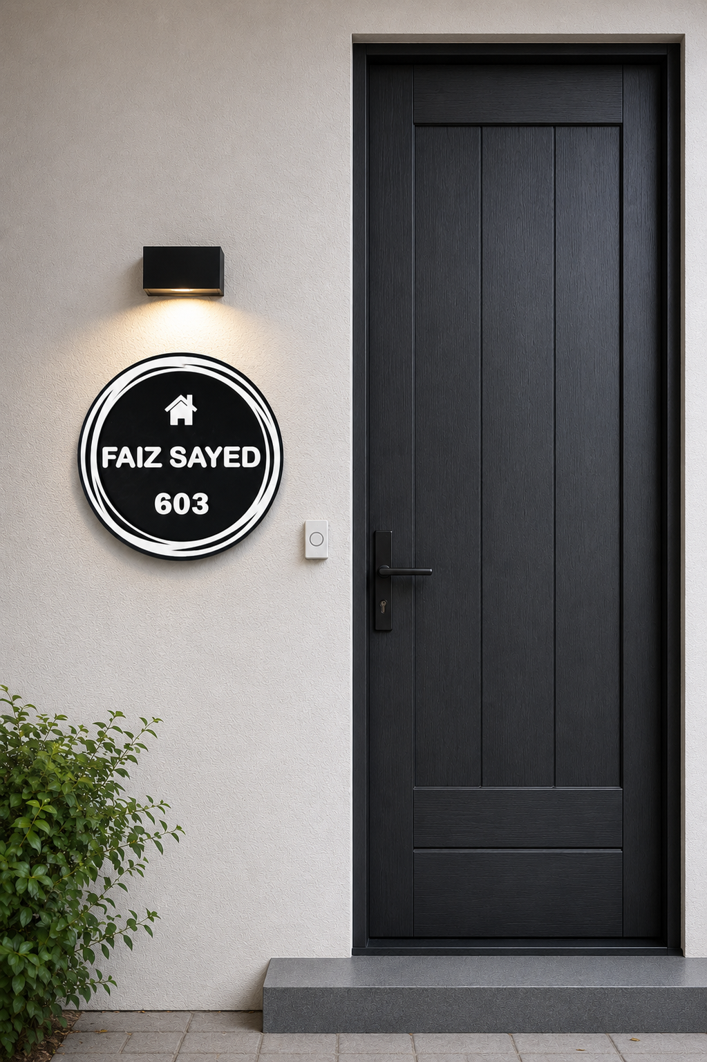 Modern Round Black Acrylic Name Plate with White Letters | Personalized House Name & Flat Number Sign (12 Inch) - Faiz Sayed