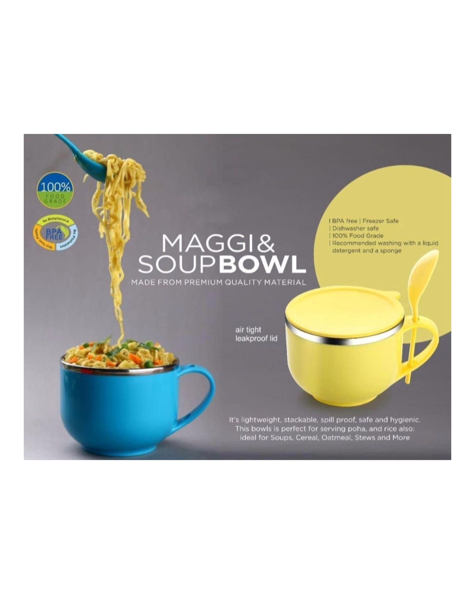 Stainless Steel Airtight Soup And Noodles Bowl With Lid.