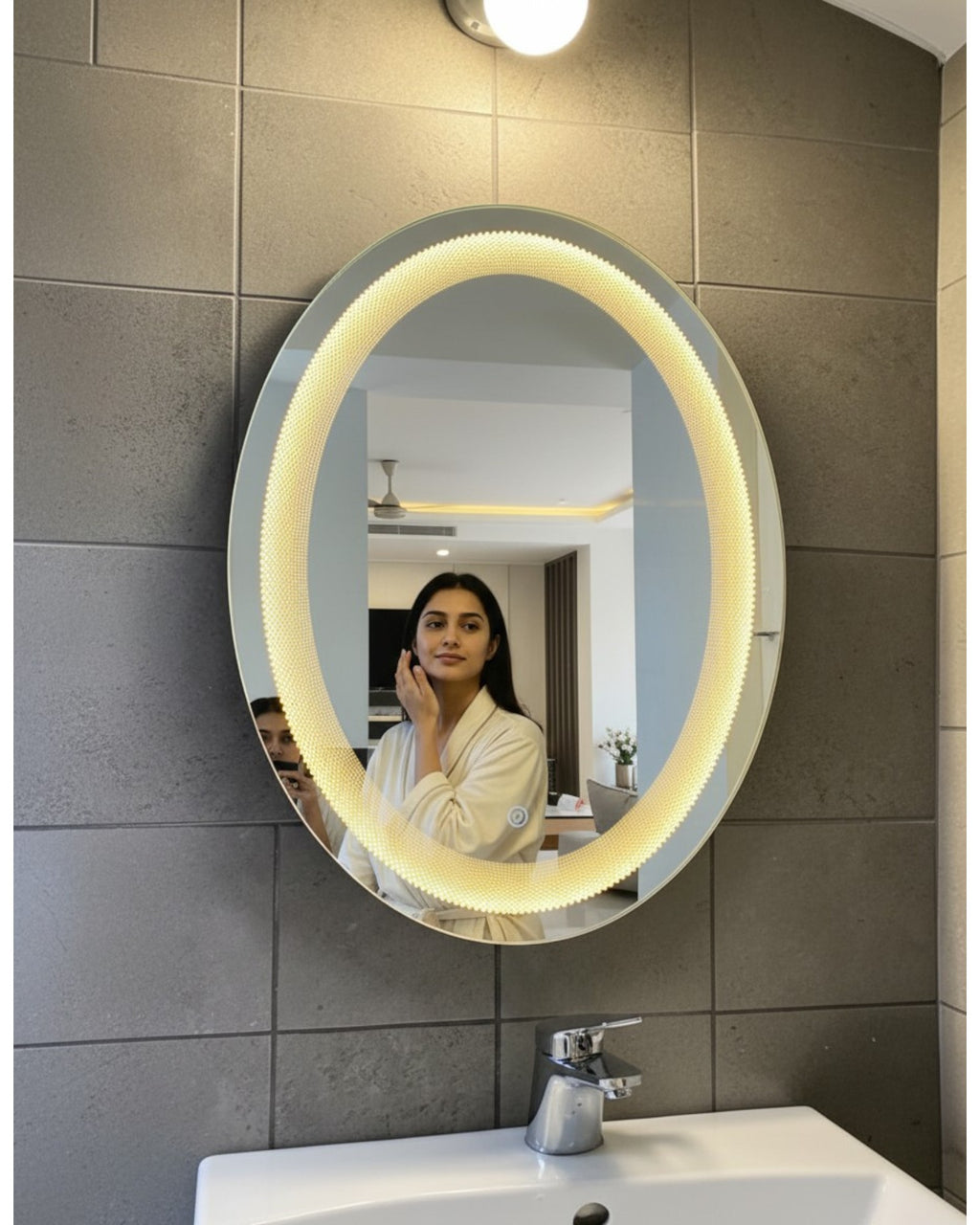 LED 130 - Laser Honeycomb Design Oval Mirror – 18" x 24" Smart Touch Wall Mirror with Dimmable Lighting
