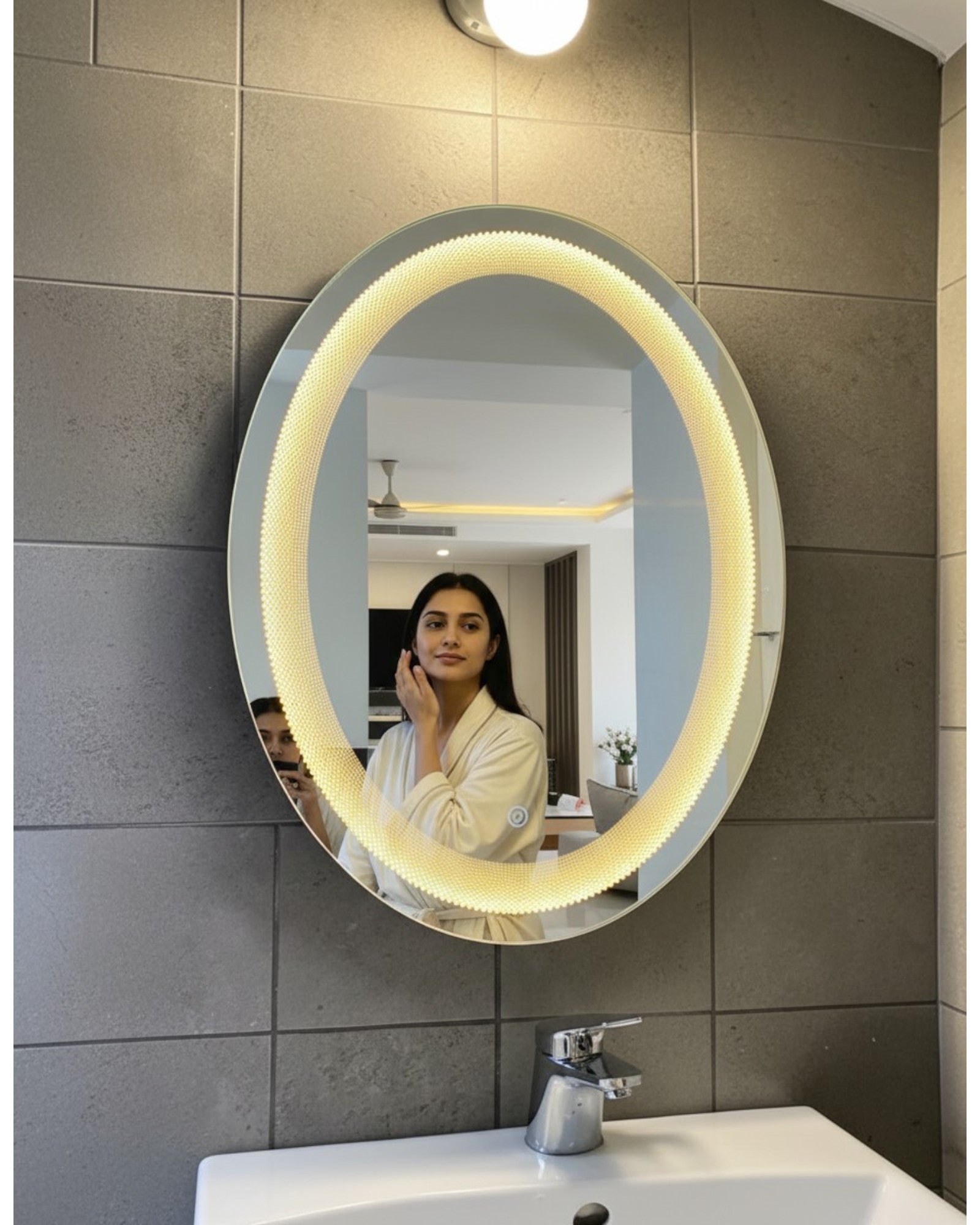 LED 130 - Laser Honeycomb Design Oval Mirror – 18" x 24" Smart Touch Wall Mirror with Dimmable Lighting