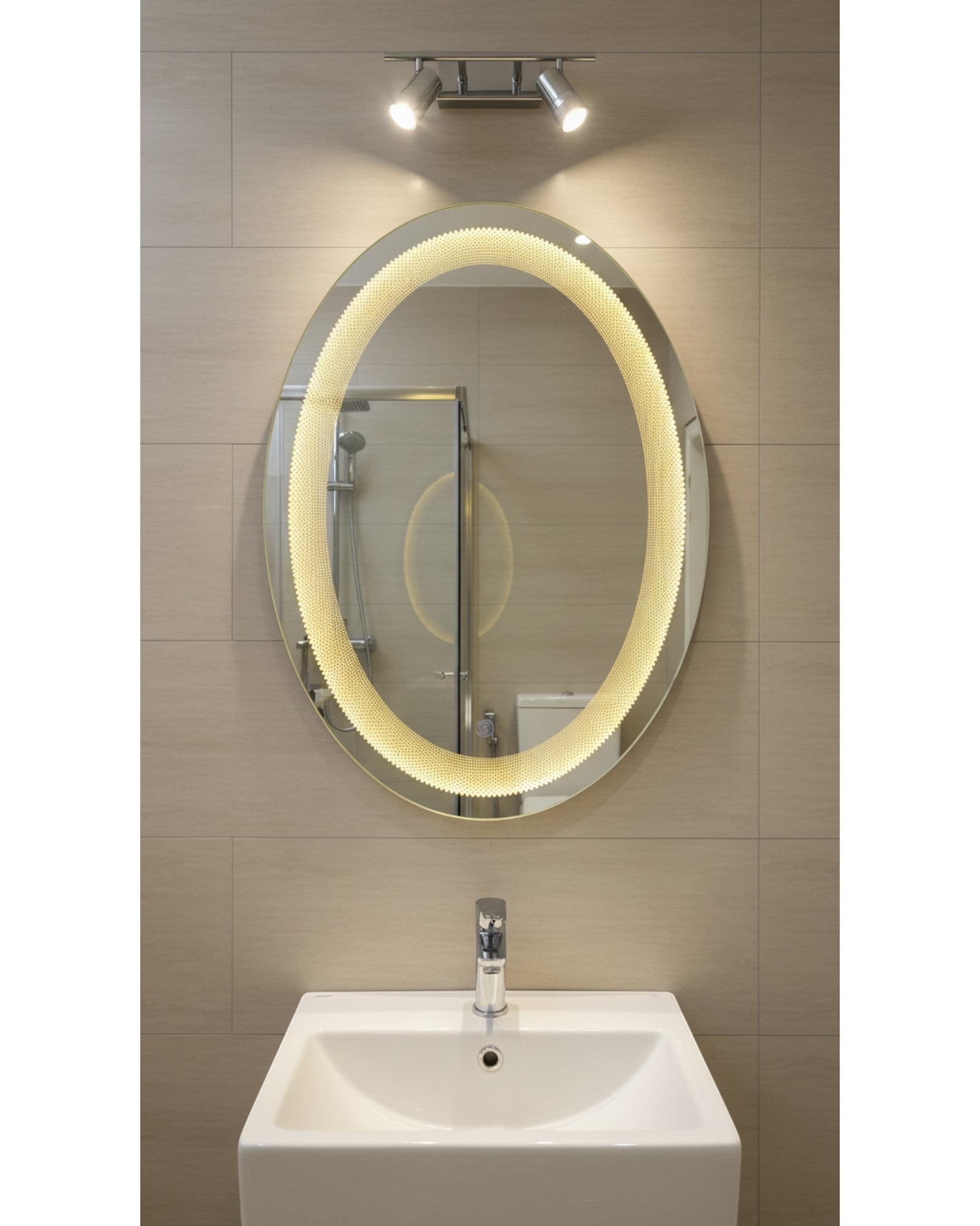 LED 130 - Laser Honeycomb Design Oval Mirror – 18" x 24" Smart Touch Wall Mirror with Dimmable Lighting