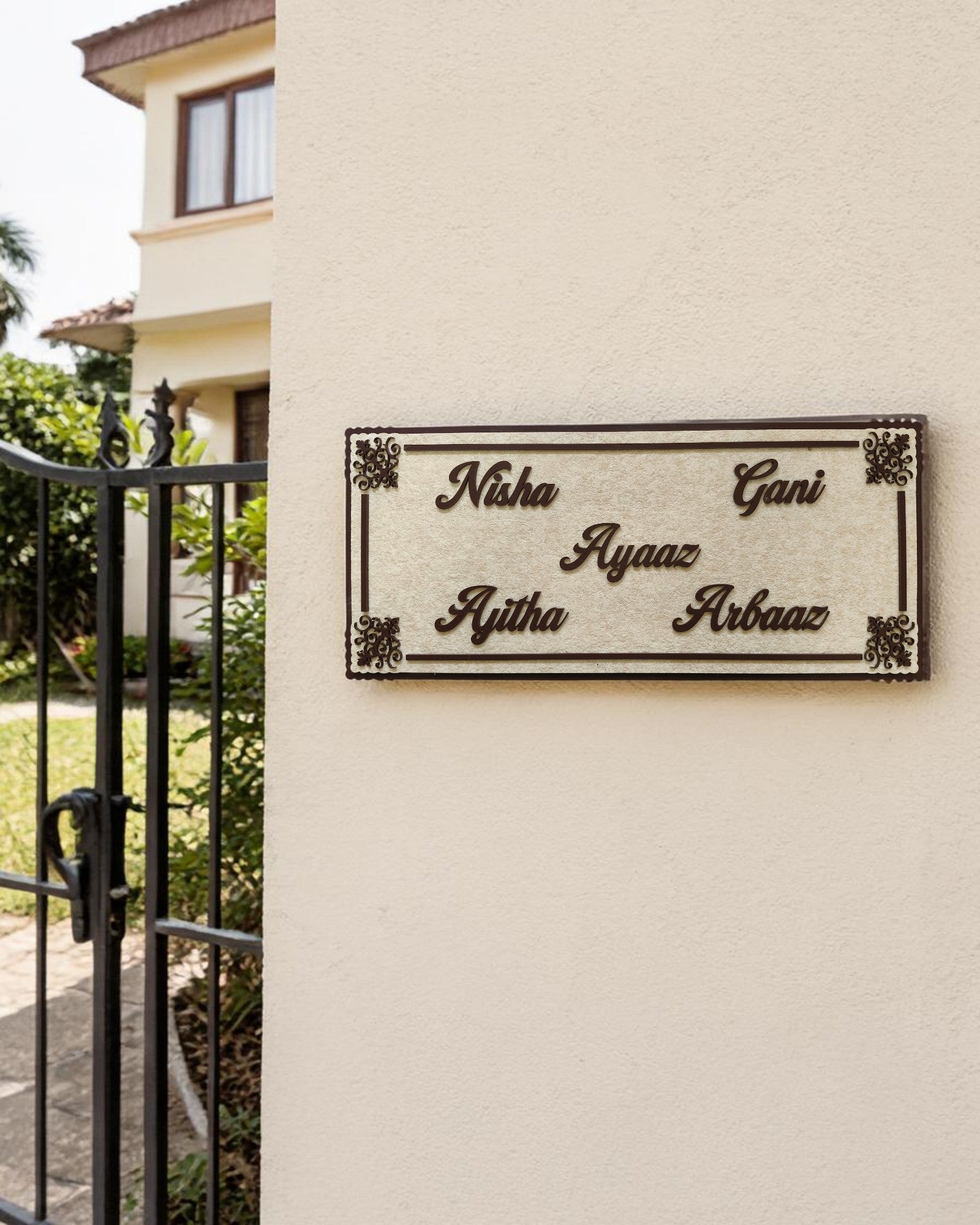 Elegant Beige Stone Finish Name Plate with Matte Brown Acrylic Letters (8” x 18”) - Nisha Gani