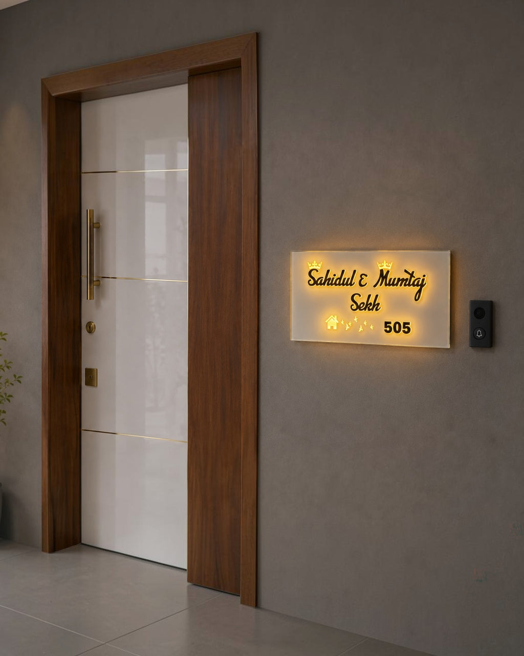 Luxury LED Glass Name Plate 8x16 Inch – White Glass Base with Matte Black Acrylic Letters - Sahidul Sekh