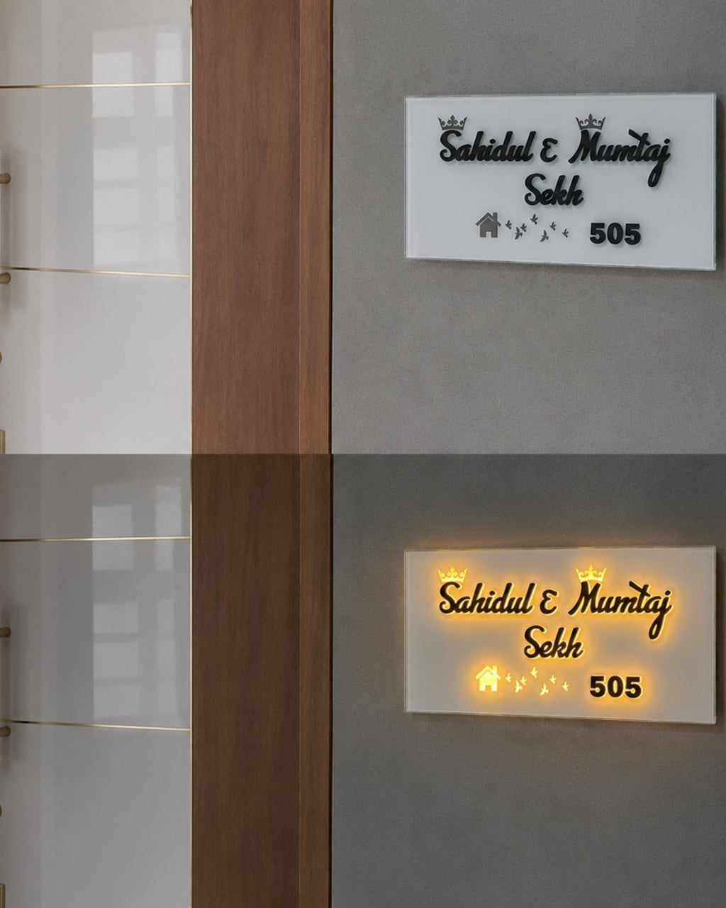 Luxury LED Glass Name Plate 8x16 Inch – White Glass Base with Matte Black Acrylic Letters - Sahidul Sekh