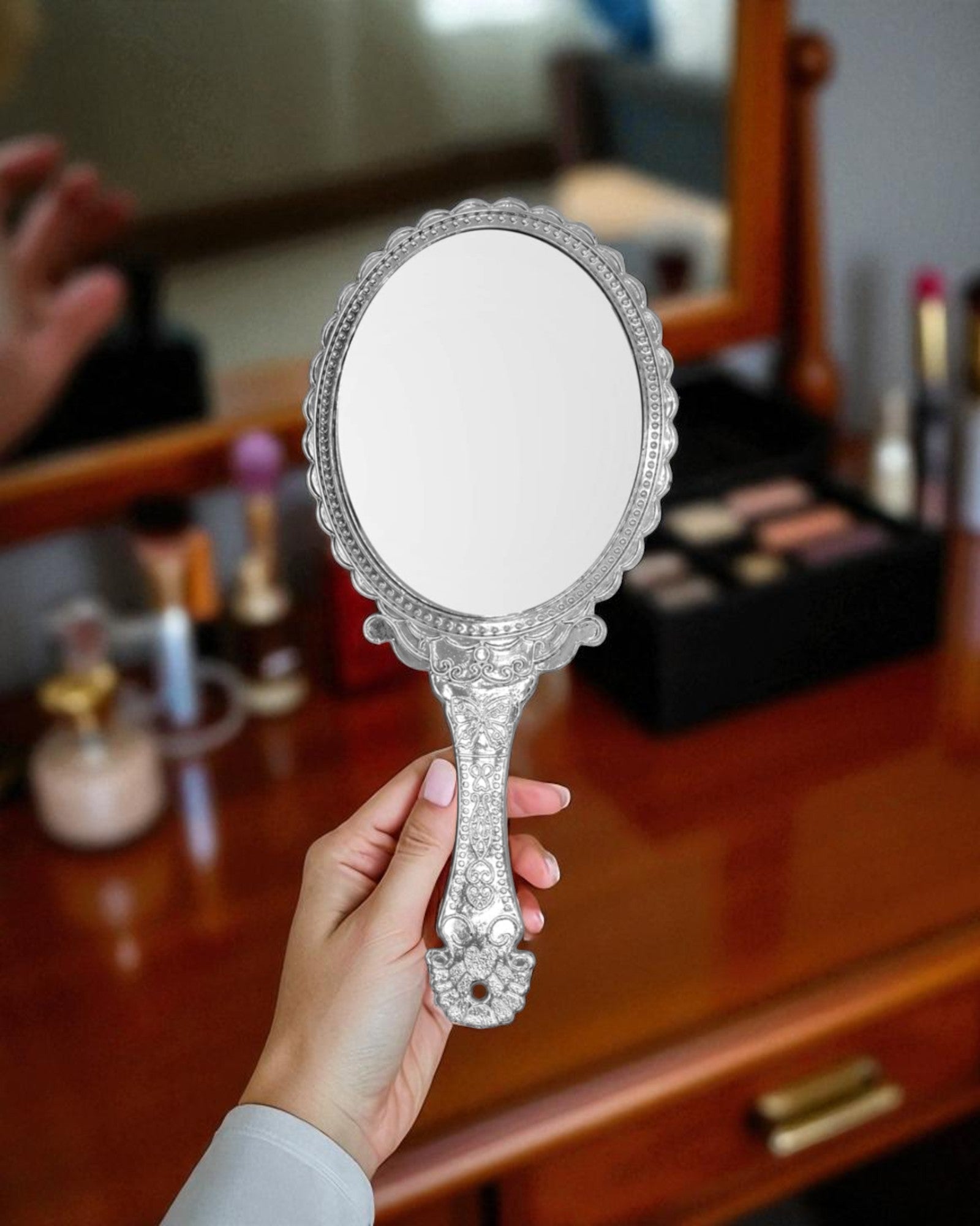 Hand Mirror - Silver Plastic Carving