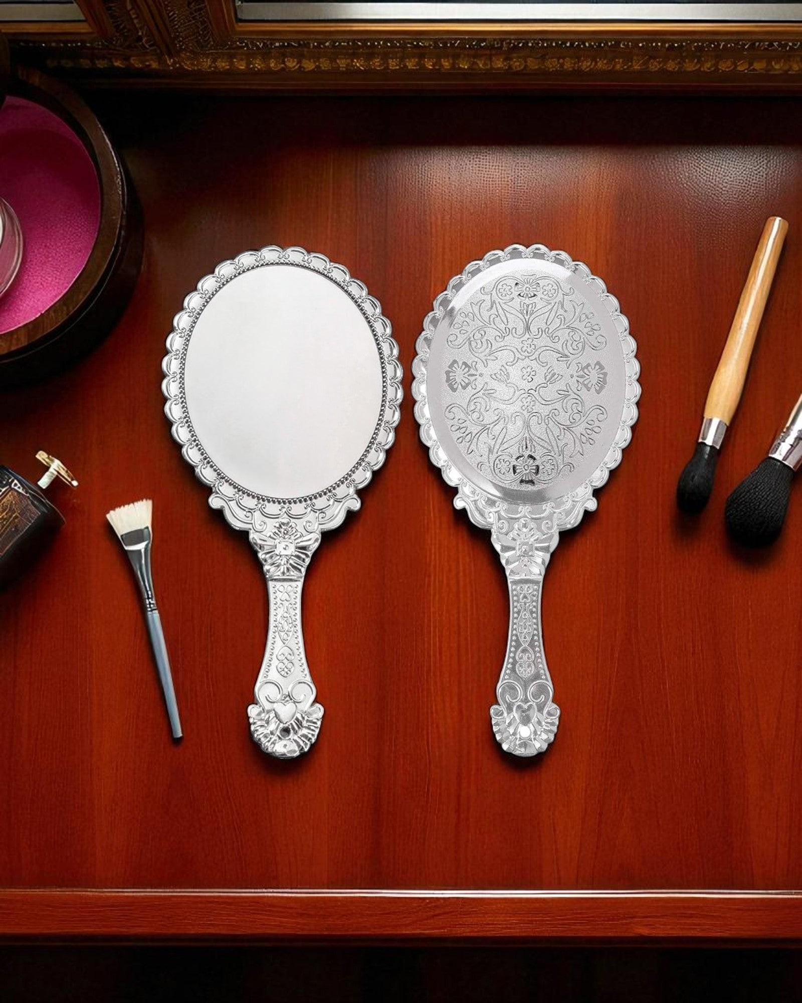 Hand Mirror - Silver Plastic Carving