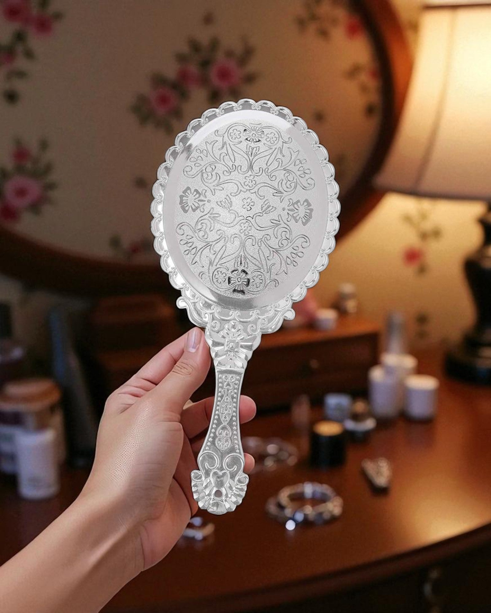 Hand Mirror - Silver Plastic Carving